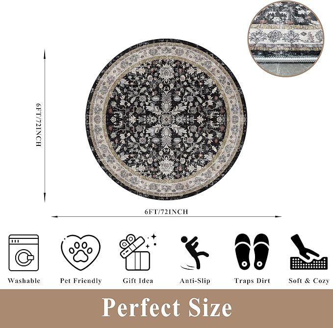 6ft Round Kitchen Rug Washable - Non-Slip Soft Low Pile Circle Area Rug for Under Table Living Room Dining Room Bedroom – Boho Floral Circular Floor Indoor Carpe (Black,6x6)