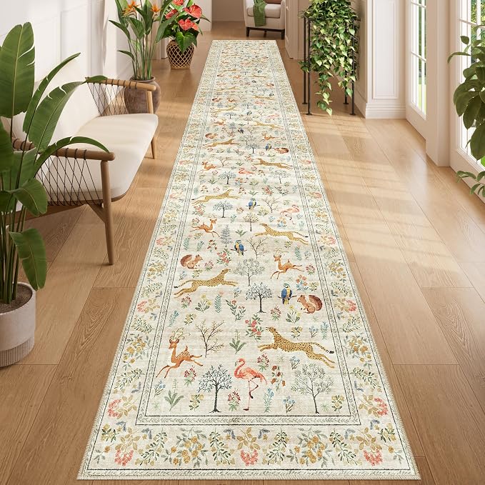 DUKINO 2.6x14 Hallway Runner Rug, Vintage Washable Long Kitchen Rug with Non Slip Backing, Stain Resistant & Low Pile Animal Print Floor Carpet for Indoor Entrance Bathroom, Laundry, Bedroom, Beige