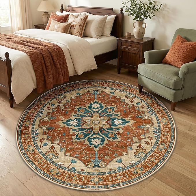 RELEANY Area Rugs Round 5ft Washable Non-Slip, Floral Vintage Distress Medallion Carpet for Living Room Bedroom Dining Room, Red Orange Blue Brown