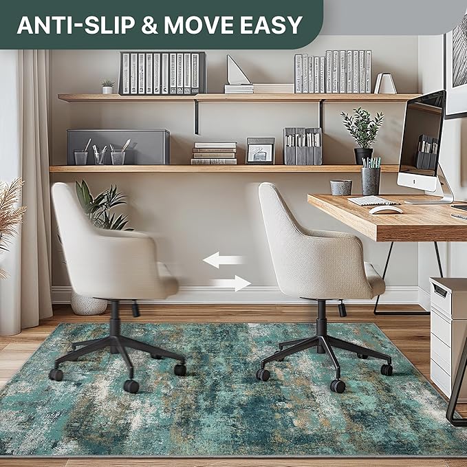 36"x48" Office Chair Mat for Hardwood Tile Floor, Under Desk Carpet Protector for Rolling Computer Chair Mat, Machine Washable Area Rug, Anti-Slip 1/5" Thick Low Pile Thin Vinyl Floor Mat, Teal Blue