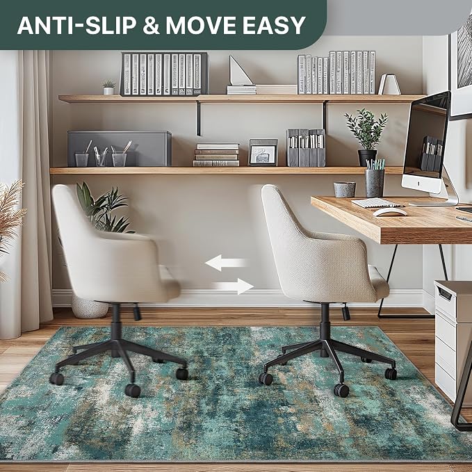 48"x72" Office Chair Mat for Hardwood Tile Floor, Under Desk Carpet Protector for Rolling Computer Chair Mat, Machine Washable Area Rug, Anti-Slip 1/5" Thick Low Pile Thin Vinyl Floor Mat, Teal Blue