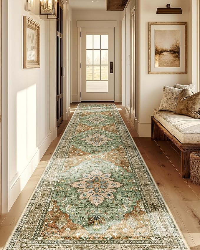 RELEANY Area Rugs Runner 2'x10' Washable Non-Slip, Floral Vintage Distress Medallion Carpet for Kitchen Hallway Bedroom Beside Laundry Room Bathroom, Terracotta Burnt Orange Green