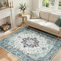 RELEANY Area Rugs 4'x5' Washable Non-Slip, Floral Vintage Distress Medallion Carpet for Living Room Bedroom Dining Room, Green Navy Blue White Red Teal