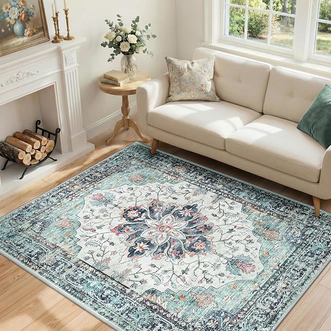RELEANY Area Rugs 4'x5' Washable Non-Slip, Floral Vintage Distress Medallion Carpet for Living Room Bedroom Dining Room, Green Navy Blue White Red Teal