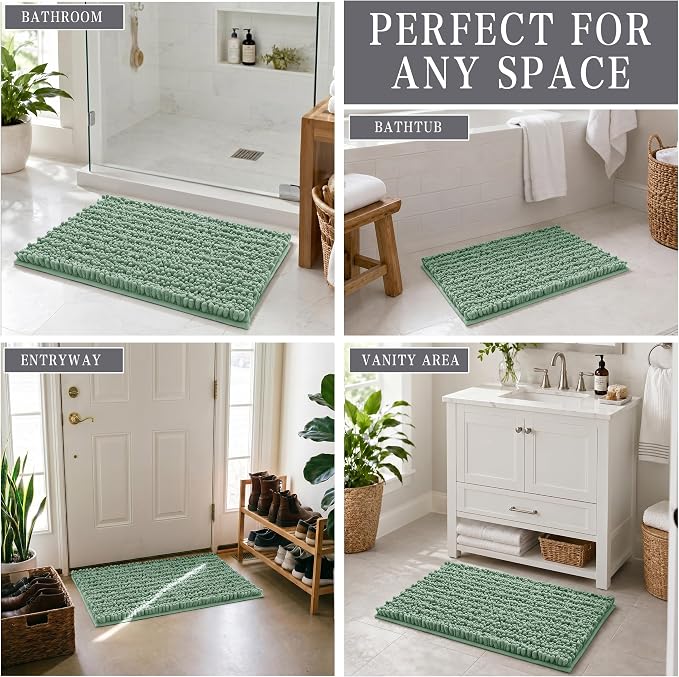 Yimobra Bathroom Rugs Non Slip Washable - Ultra Soft Absorbent Chenille Bath Mat, Quick Dry Shaggy Floor Carpet for Tub Shower, Green Home Decor Accessories, 24x17 Inch