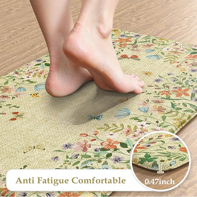 KIMODE Anti Fatigue Mats for Kitchen Floor 17"x47"+17"x29", Brown Butterfly Floral Kitchen Rugs Sets of 2, Cushioned Kitchen Floor Mats, Non Slip Standing Mat for Sink Laundry Office Desk