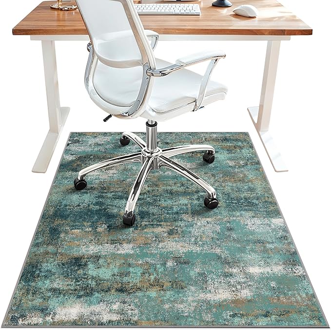 36"x48" Office Chair Mat for Hardwood Tile Floor, Under Desk Carpet Protector for Rolling Computer Chair Mat, Machine Washable Area Rug, Anti-Slip 1/5" Thick Low Pile Thin Vinyl Floor Mat, Teal Blue
