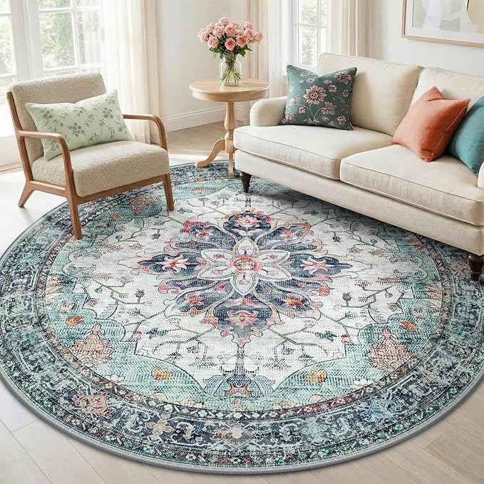 RELEANY Area Rugs Round 6ft Washable Non-Slip, Floral Vintage Distress Medallion Carpet for Living Room Bedroom Dining Room, Green Navy Blue White Red Teal