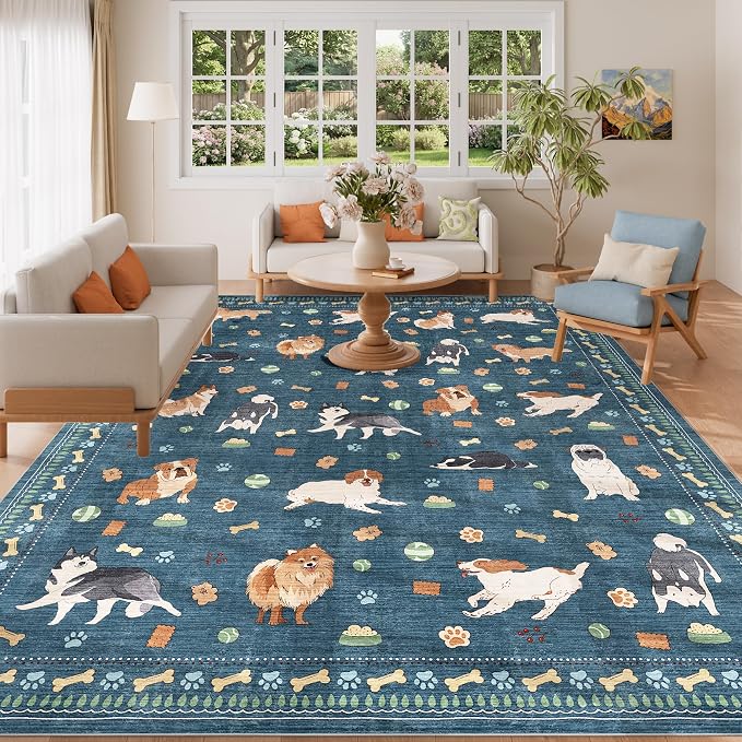 DUKINO 8x10 Area Rug, Non Slip Washable Animal Dog Rug for Living Room, Stain Resistant & Low Pile Indoor Floor Large Carpet for Bedroom, Farmhouse, Nursery, Dining Room, Kids Playroom, Blue