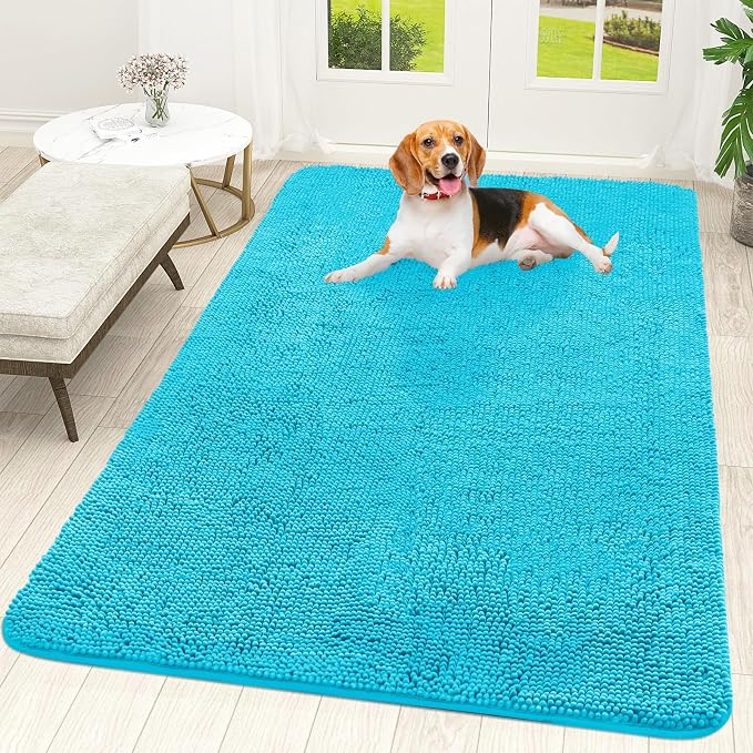 OLANLY Dog Door Mat for Muddy Paws 59x35, Absorbs Moisture and Dirt, Absorbent Non-Slip Washable Doormat, Quick Dry Chenille Mud Mat for Dogs, Entry Indoor Entryway Carpet for Inside Floor, Aqua Blue