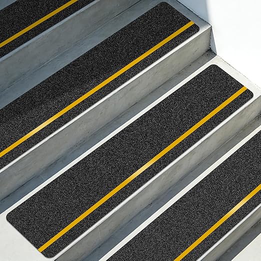 10 Pack Anti Slip Traction Treads with Reflective Stripe, 6” x 30” Grit Non Slip Waterproof Tape Pre-Cut Tape with Roller, High Traction Friction Abrasive Adhesive for Stairs Step, Black & Yellow