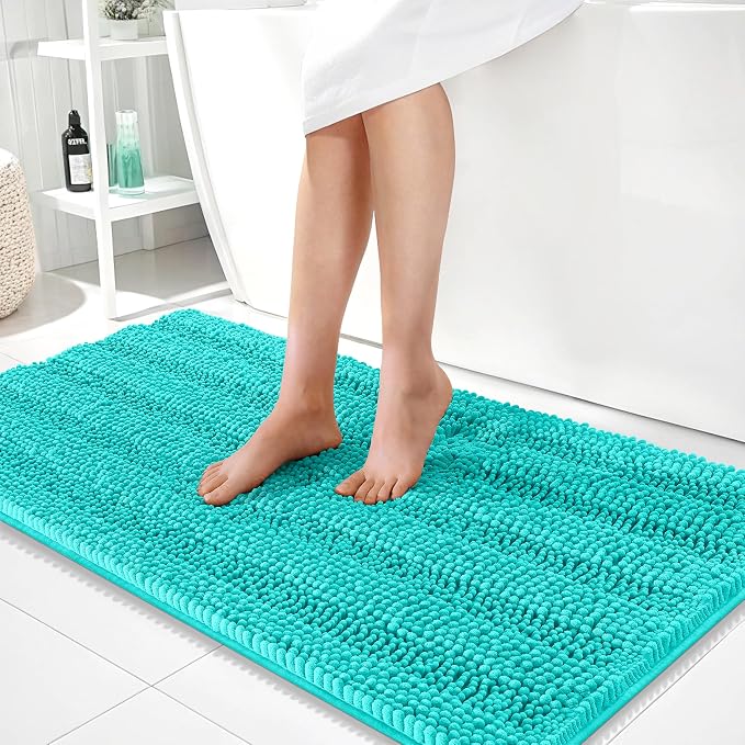 OLANLY Thick Bathroom Runner Rugs 44x24, Extra Absorbent Chenille Striped Bath Rugs, Rubber Backing, Machine Wash Dry, Long Bath Mats for Bathroom Floor, Tub and Shower, Home Decor Accessories, Teal