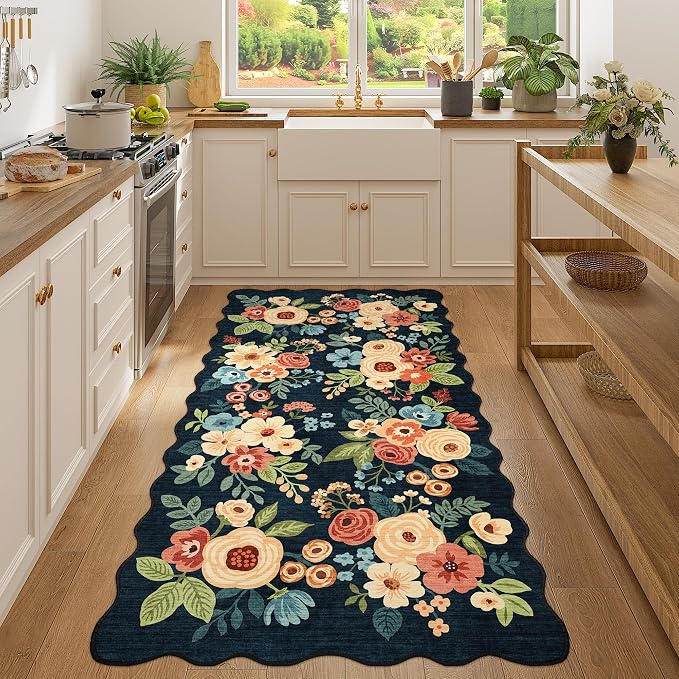 DUKINO 3x6 Washable Runner Rug, Soft Indoor Floral Non Slip Runner Rug for Hallways, Lightweight & Low Pile Floor Carpet for Kitchen, Entryway, Hallway, Bathroom, Laundry, Bedroom, Navy Blue