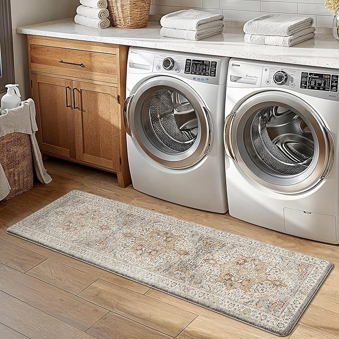 GENIMO Kitchen Mats for Floor, 2PCS Kitchen Rugs Non Slip Washable, Waterproof Anti Fatigue Mat, Comfort Standing Runner Rug for Sink, Office, Laundry, Home, 17.3"x59"+17.3"x30", Orange&Brown