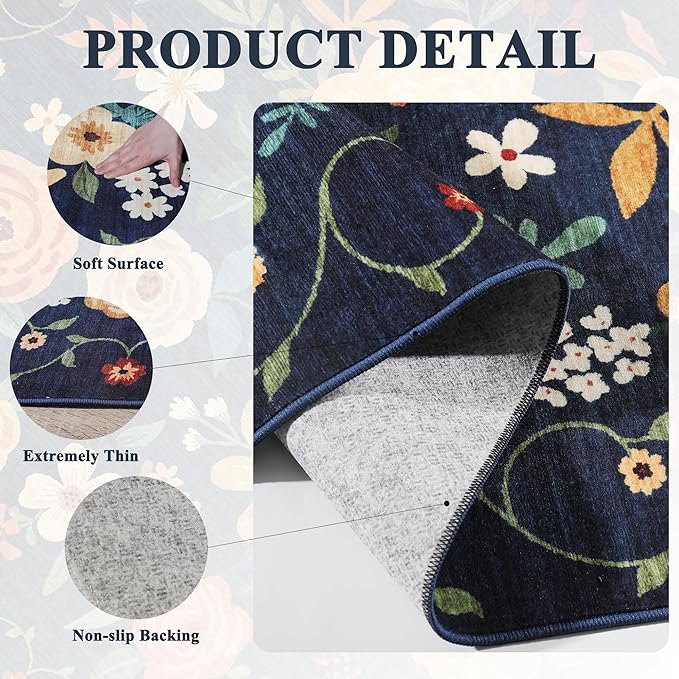 DUKINO 9x12 Area Rug, Floral Rugs for Living Room, Lightweight Non Slip Washable Rug, Indoor Low Pile & Non-Shedding Boho Design Rugs for Bedroom, Living Room, Dining Room, Dark Blue