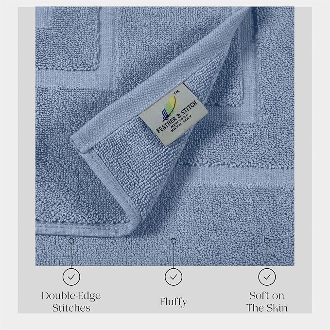Feather & Stitch 2 Piece Towel Like Bath Mats (30x21 Inch) 100% Cotton Terry Bath Mats, Bathroom Shower Floor Mats [NOT A Bathroom Rug], Soft Absorbent Washable Mats - Pool Blue