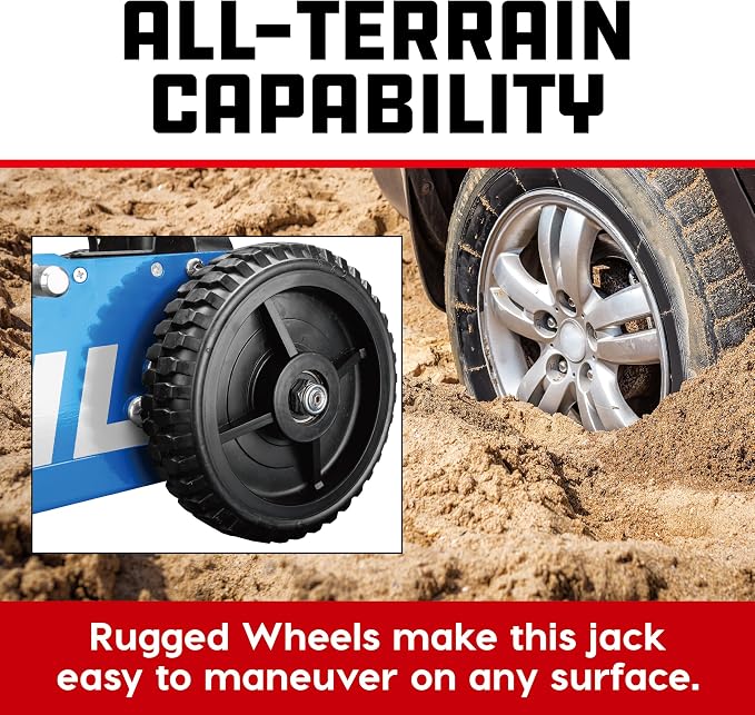 Powerbuilt 2.5 Ton Big Wheel Off Road Jack, Vehicle Lift for Trucks, SUVs, ATVs Offroad Vehicles, Oversized Wheels for Rugged Terrain, 5000 LB Capacity, Blue 620620ECE