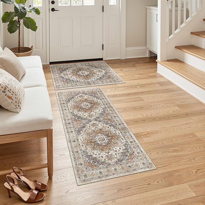 Madane 2-Piece Kitchen Runner Rug Set, Small Area Rug Non-Slip Vintage Door Mat Indoor Entrance, Low Pile Floor Carpet for Inside Front Door Bedroom Entryway Entry Laundry (2x3+2x4, Turmeric/Grey)
