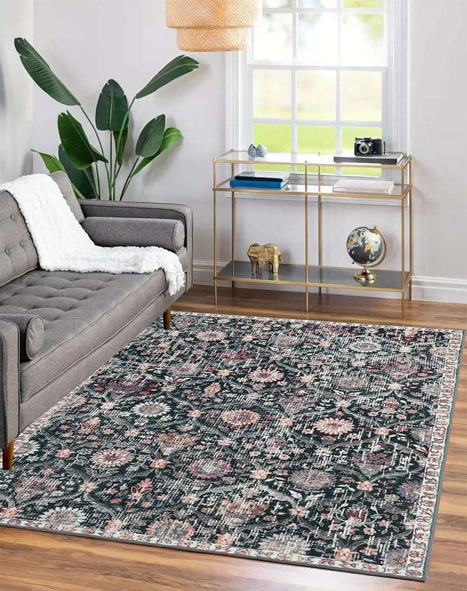 Lahome Moroccan Trellis Washable Small Area Rug, 3x5 Black Rug for Bedroom Living Room, Non-Slip Oriental Throw Carpet for Kitchen Office Entryway Bathroom Office Elise, Black/Multi