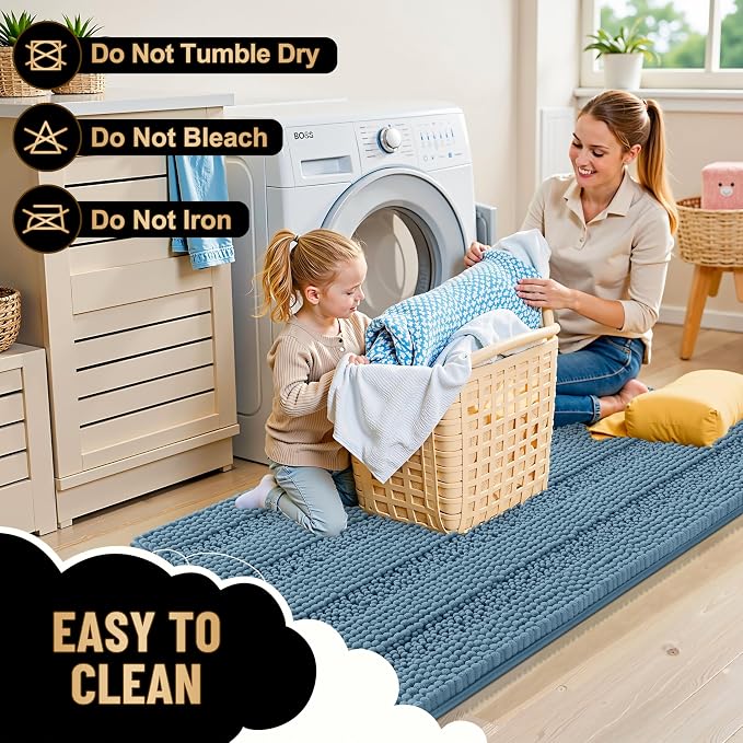 OLANLY Thick Large Bathroom Rugs 44x32, Extra Soft Absorbent Chenille Striped Bath Rugs, Rubber Backing, Machine Wash, Bath Mats for Bathroom Floor, Tub and Shower, Home Decor Accessories, Airy Blue