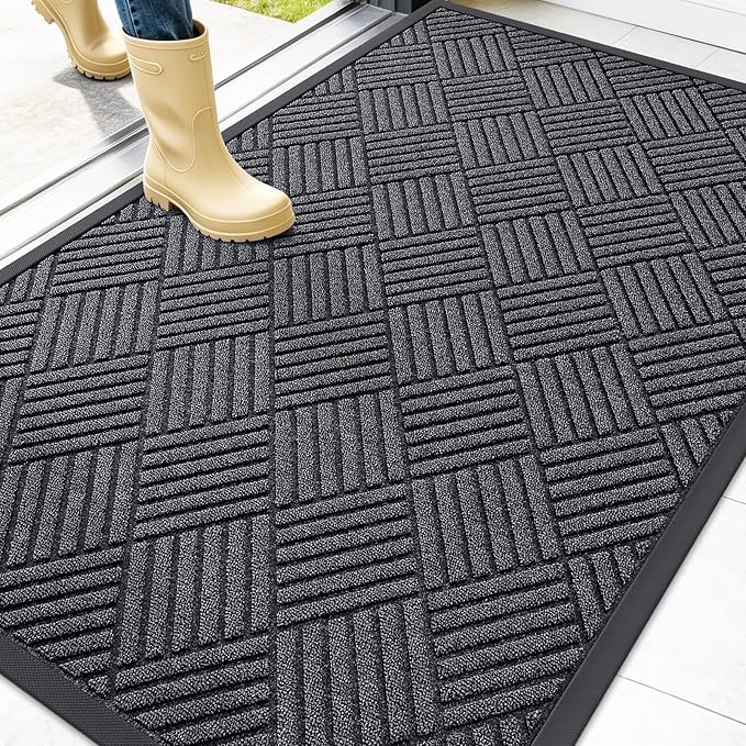 OLANLY Front Door Mat Outside Entrance 47x32, Absorbent, Heavy Duty Sturdy Natural Rubber Doormat Indoor Outdoor, Stain Fade Resistant, Non-Slip Low Profile Floor Mat for Entryway, Black Gray Diamond