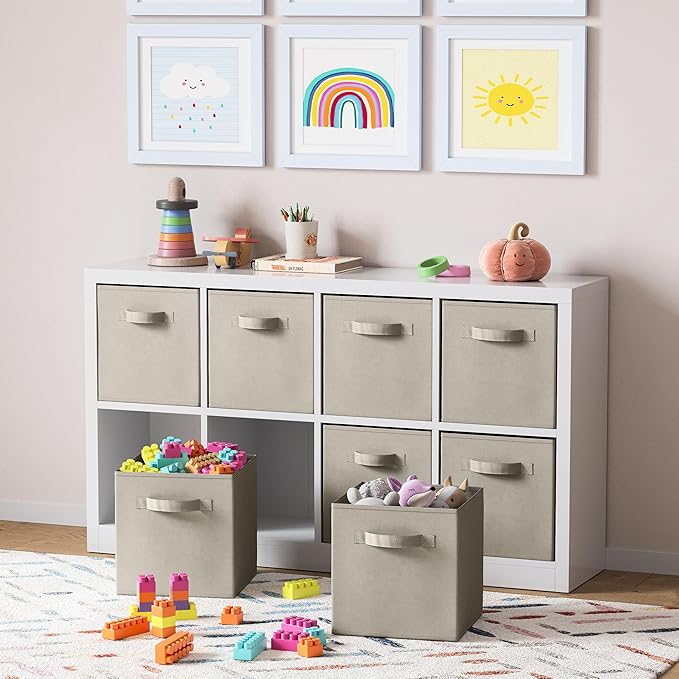 Set of 8 Foldable Fabric Storage Cube Bins | Collapsible Cloth Organizer Baskets Containers | Folding Nursery Closet Drawer | Features Dual Handles | More Beautiful Colors Available (Beige)