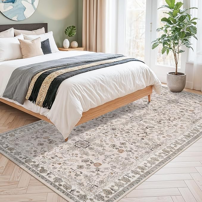 4x8 Rug Washable for Entryway Kitchen – Non-Slip Rubber Backed Area Rug for Hallway Bedroom Living Room Office,Boho Floral Low Pile Thin Floor Indoor Mat (Beige,4x8)