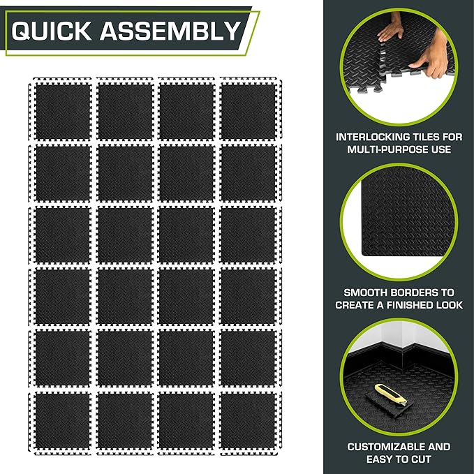 ProsourceFit Exercise Puzzle Mat 1/2-inch, EVA Interlocking Foam Floor Tiles for Home Gym, Workout Equipment, Kids Play Areas, Black, 96 SQ FT - 24 Tiles