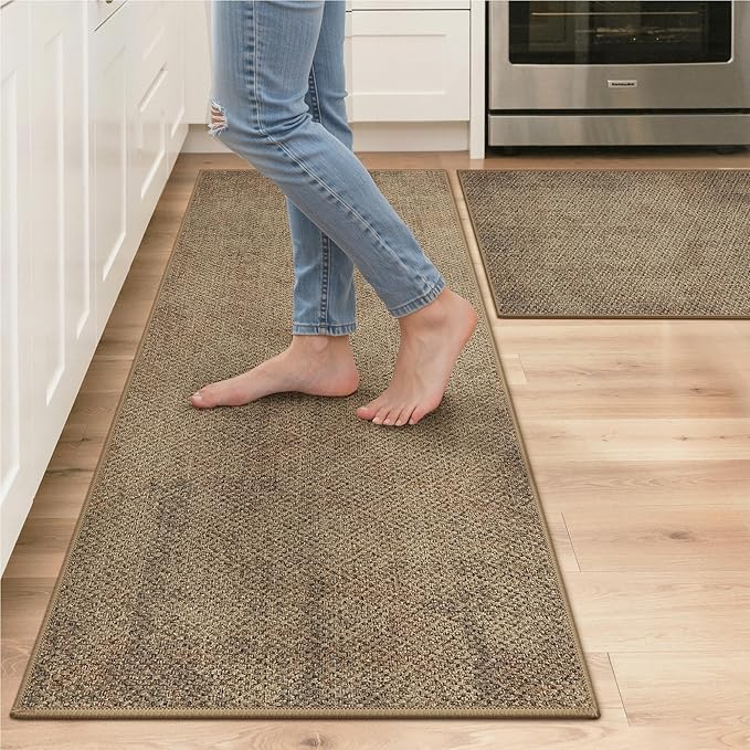 GENIMO Kitchen Mats for Floor 2PCS, Washable Absorbent Runner Rugs for Kitchen, 17.3"x47"+17.3"x30", Cushioned Non Slip Kitchen Rugs for Kitchen Floor,Standing Mat Rug for Home, Sink, Laundry, Jute