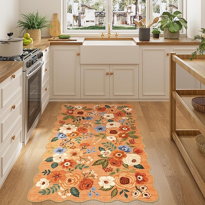 DUKINO 3x5 Area Rug, Floral Non-Slip Indoor Washable Rug with Low Pile & Non-Shedding, Lightwight Boho Design Carpet for Entryway, Bedroom, Kids Room, Living Room, Kitchen, Orange