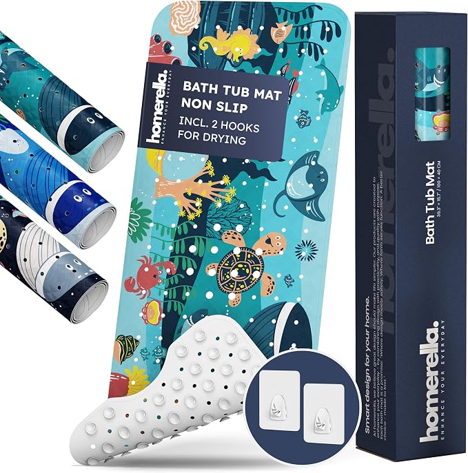 Bath Tub Mat Non Slip Anti Mold for Kids BPA Free INCL Hooks - homerella® Ocean Sea Animals 40x16, Baby Bath Mat Non Slip 200 Suction Cups, Non Toxic Machine Washable Toddler Bath Mat, EU Certified