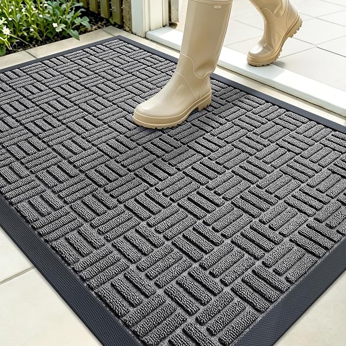 OLANLY Front Door Mat Outside Entrance 35x23, Absorbent, Heavy Duty Sturdy Natural Rubber Doormat Indoor Outdoor, Stain and Fade Resistant, Non-Slip Backing Low Profile Floor Mat for Entryway, Grey
