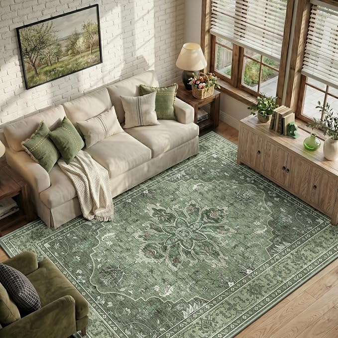 RELEANY Area Rugs 6'x8' Washable Non-Slip, Floral Vintage Distress Medallion Carpet for Living Room Bedroom Dining Room, Dark Green Gray