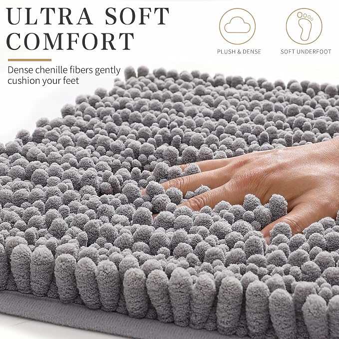 Yimobra Bathroom Rugs Non Slip Washable 32x20 Inch - Ultra Soft Absorbent Chenille Bath Mat, Quick Dry Shaggy Floor Carpet for Tub Shower, Gray Home Decor Accessories