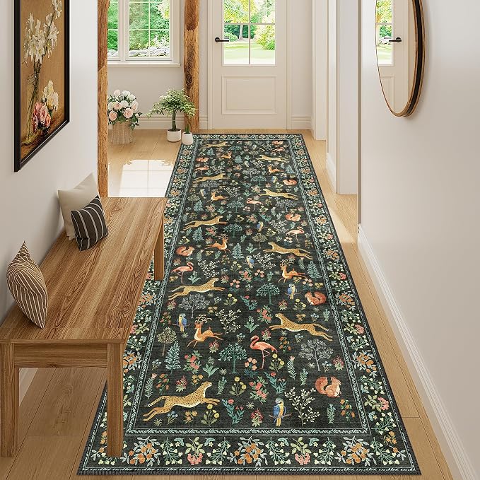 DUKINO 3x8 Washable Runner Rug, Low Pile Animal Print Non Slip Long Runner Rug for Kitchen, Lightweight & Non Shedding Indoor Carpet for Hallway, Kitchen, Entryway, Bathroom, Laundry, Black