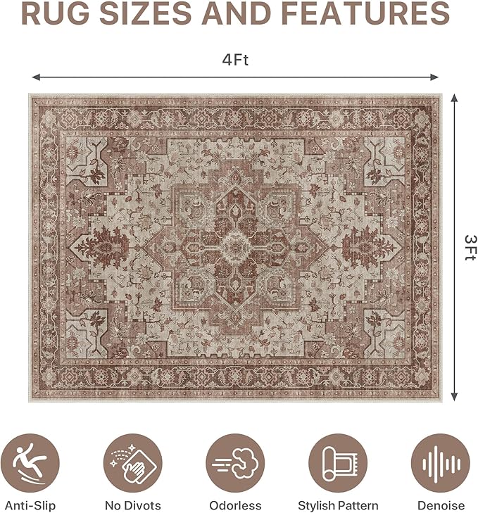 36"x48" Office Chair Mat for Hardwood Tile Floor, Under Desk Carpet Protector for Rolling Computer Chair Mat, Machine Washable Area Rug, Anti-Slip 1/5" Thick Low Pile Thin Vinyl Floor Mat, Brown Red