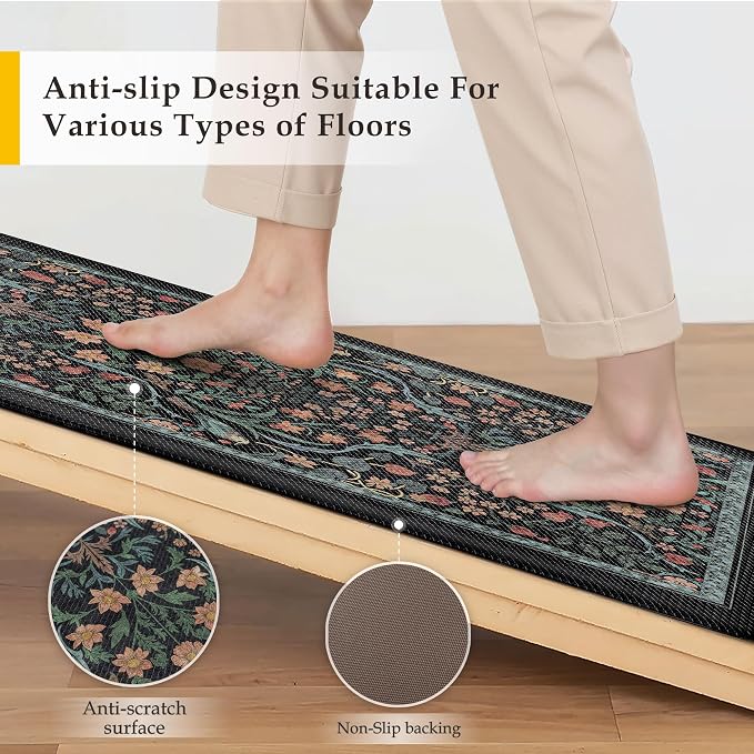 PureCozy Kitchen Mats for Floor 2PCS Anti Fatigue Cushioned Mat Non Slip Comfort Kitchen Rugs Vintage Floral Waterproof Standing Dark Blue Mat for Sink Laundry Office Desk 17.3"x47"+17.3"x30"