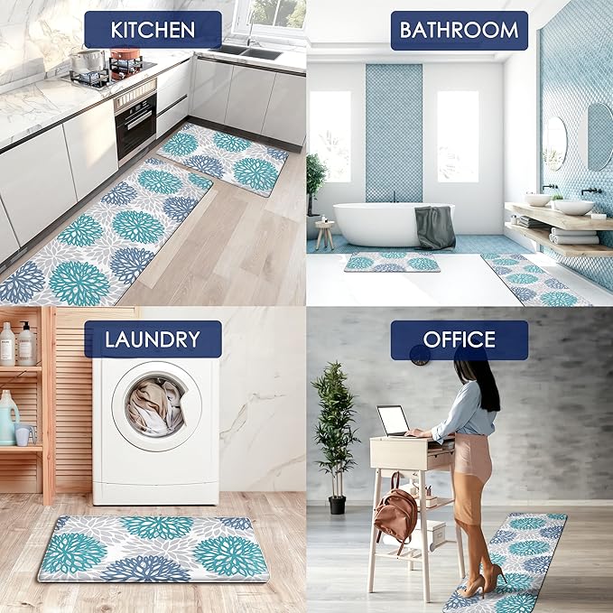 Teal Kitchen Mats Set of 2 Cushioned Anti Fatigue Kitchen Rugs Non Slip Waterproof Runner Memory Foam Kitchen Floor Mat Comfort Standing Mat for Sink,Office,Laundry