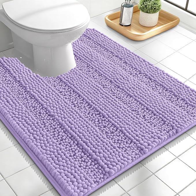 OLANLY Thick Toilet Rugs U-Shaped 24x20, Extra Soft Absorbent Chenille Striped Contour Bathroom Rugs for Toilet, Dry Quickly, Machine Washable, Non-Slip Bath Mat, Lavender