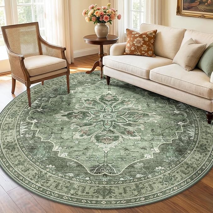 RELEANY Area Rugs Round 6ft Washable Non-Slip, Floral Vintage Distress Medallion Carpet for Living Room Bedroom Dining Room, Dark Green Gray