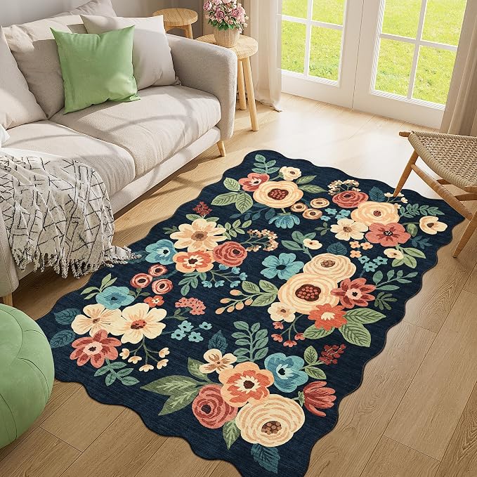 DUKINO 4x6 Area Rug, Floral Non-Slip Indoor Washable Rug with Low Pile & Non-Shedding, Lightwight Boho Design Carpet for Entryway, Bedroom, Kids Room, Living Room, Kitchen, Navy Blue