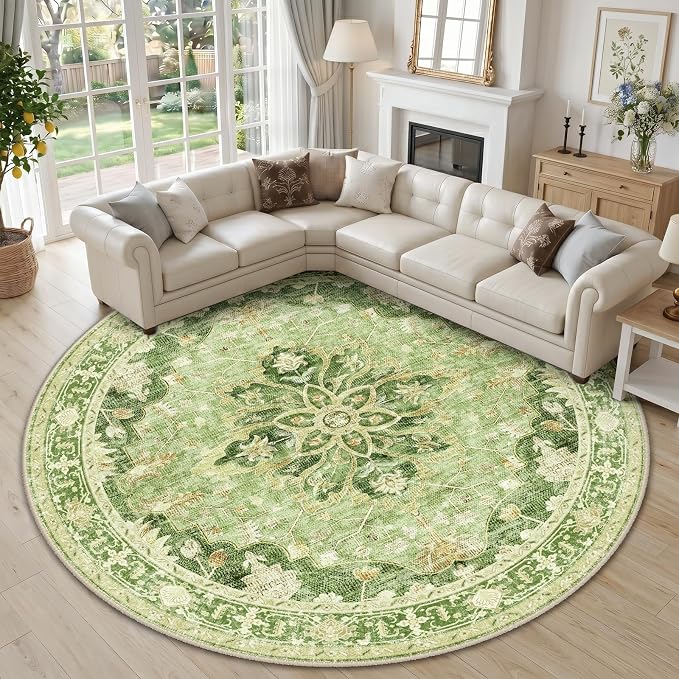 RELEANY Area Rugs Round 10ft Washable Non-Slip, Floral Vintage Distress Medallion Carpet for Living Room Bedroom Dining Room, Sage Green Yellow