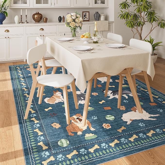 DUKINO 5x7 Rug for Living Room, Lightweight Animal Dog Print Washable Area Rug, Soft Non Slip & Low Pile Floor Mat, Stain Resistant Large Carpet for Bedroom, Nursery, Dining Room, Kids Playroom, Blue
