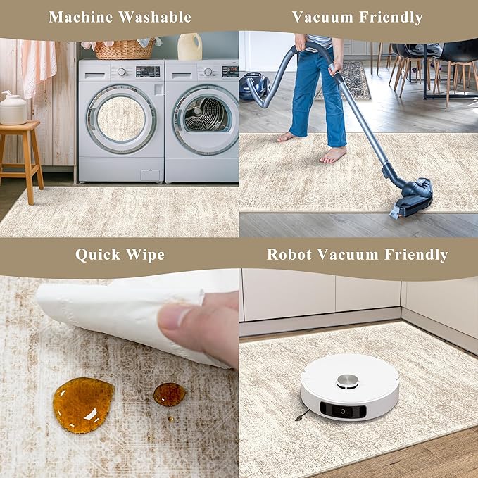 4 Piece Washable Kitchen Rug Set, Non Slip Kitchen Mats for Floor Stain Resistant Waterproof Kitchen Sink Rug Set for Kitchen, Floor, Office(Cream Beige, 2x3+2x4+2x5+2x6)