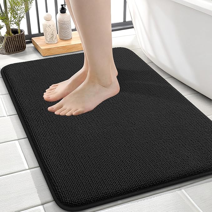 OLANLY Thick Memory Foam Small Bathroom Rugs 24x16, Extra Soft Absorbent Bathroom Mat, Quick Dry Bath Mat, Non-Slip, Machine Washable Carpet for Bathroom, Tub and Shower, Home Decor Accessories, Black