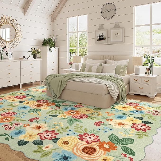 DUKINO 8x10 Area Rug, Floral Washable Rugs for Living Room with Non Slip Backing & Non-Shedding, Lightwight Low Pile Boho Design Large Carpets for Bedroom, Living Room, Dining Room, Green
