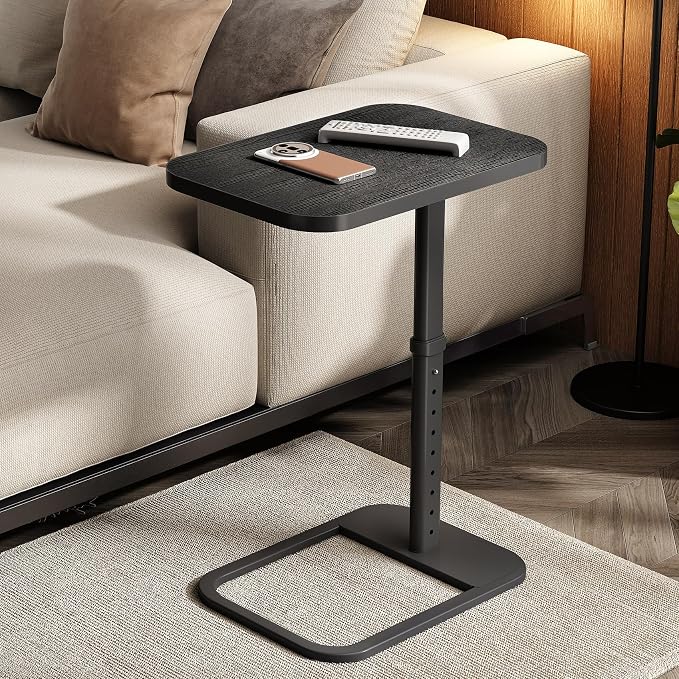 Kitstorack TV Tray Table, Adjustable Height & Rounded Metal Corners, Snack Table for Couch, Sofa, Bed, Chair, Living Room, C Shaped End Side Table for Eating, Dinner or Laptop, Small Spaces, Black