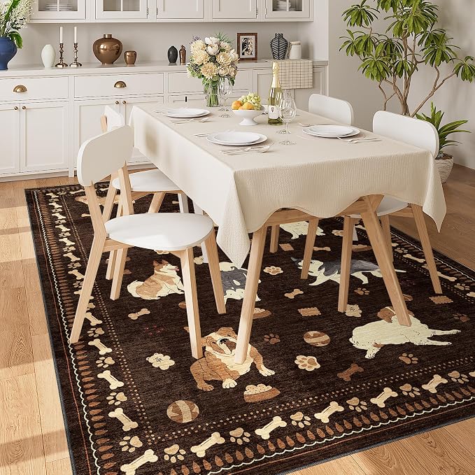 DUKINO 5x7 Rug for Living Room, Lightweight Animal Dog Print Washable Area Rug, Soft Non Slip & Low Pile Floor Mat, Stain Resistant Large Carpet for Bedroom, Nursery, Dining Room, Kids Playroom, Brown