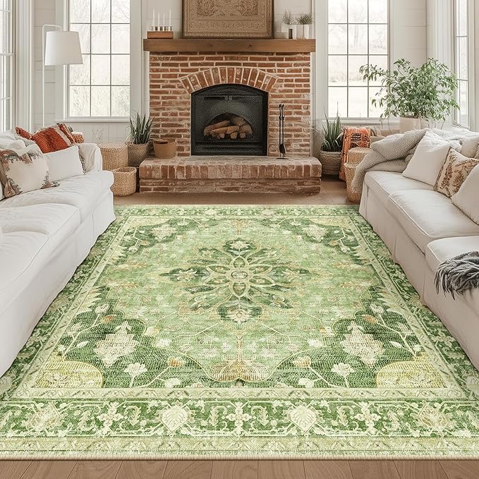 RELEANY Area Rugs Square 8ft Washable Non-Slip, Floral Vintage Distress Medallion Carpet for Living Room Bedroom Dining Room, Sage Green Yellow