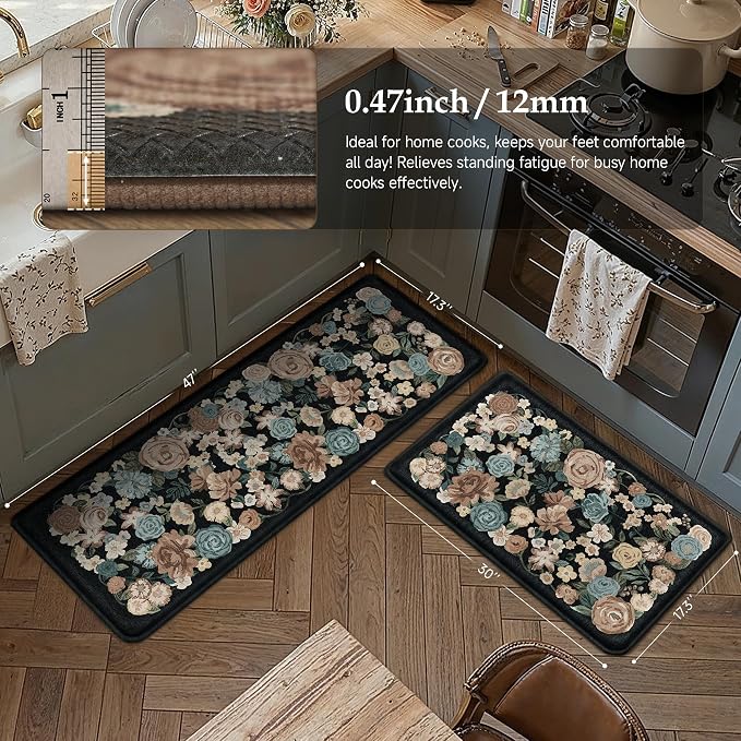 PureCozy Kitchen Mats 2PCS Anti Fatigue Cushioned Mat Non Slip Floral Kitchen Mats for Floor Waterproof Comfort Standing Black Farmhouse Rug for Sink Laundry Office Desk 17.3"x47"+17.3"x30"